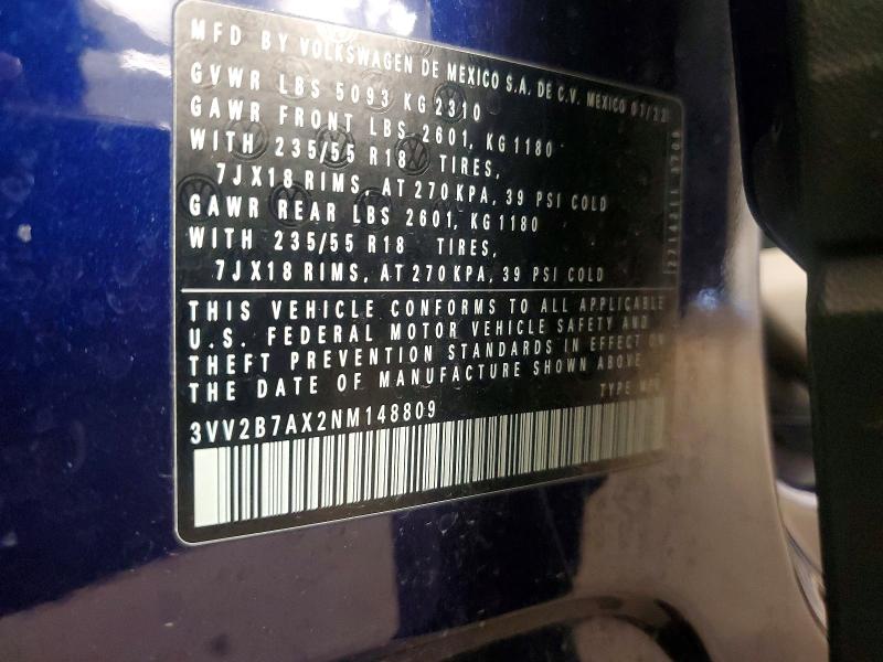 2022 Volkswagen Tiguan მანქანა იყიდება აუქციონზე, vin: 3VV2B7AX2NM148809, აუქციონის ნომერი: 53064686