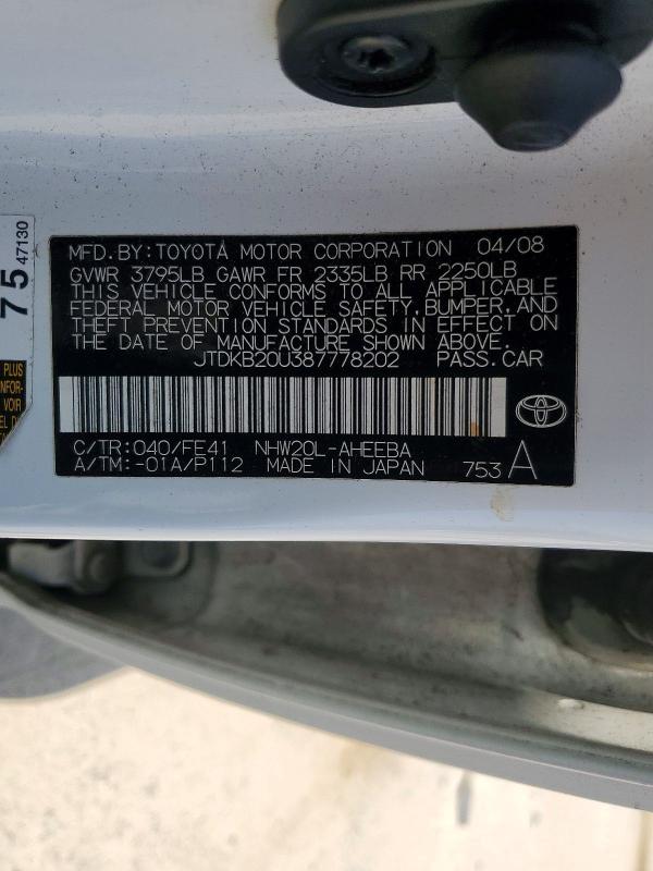 Aukcja sprzedaży 2008 Toyota Prius, vin: JTDKB20U387778202, numer aukcji: 52293676