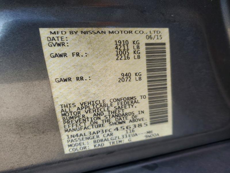 2015 Nissan Altima მანქანა იყიდება აუქციონზე, vin: 1N4AL3AP3FC456385, აუქციონის ნომერი: 54351516