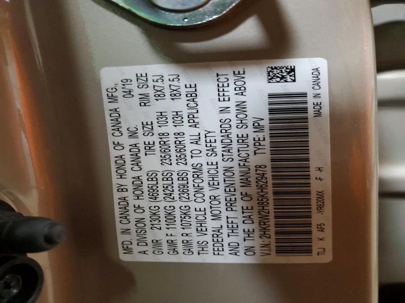52189076 :رقم المزاد ، 2HKRW2H85KH629478 vin ، 2019 Honda Cr-v مزاد بيع