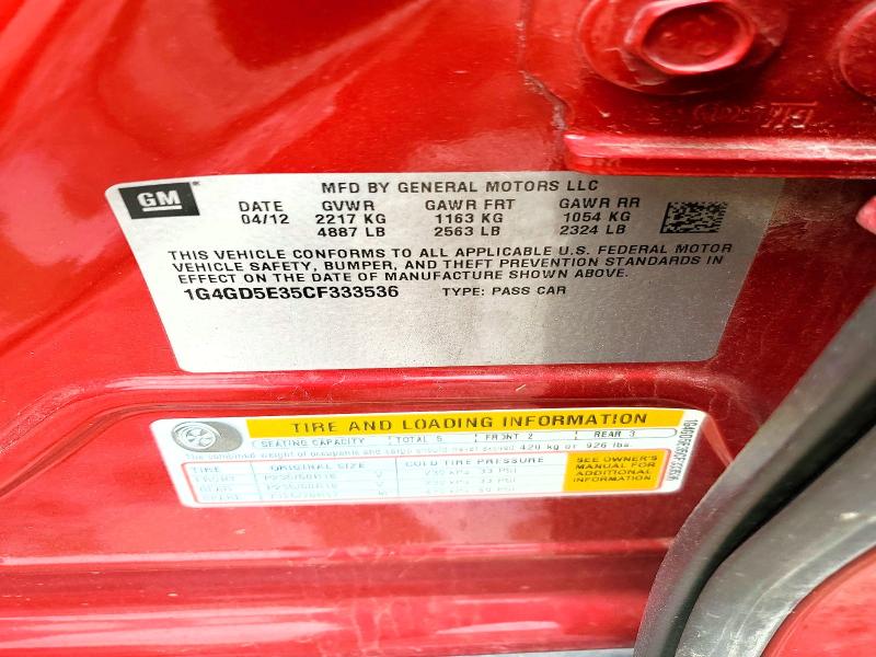 2012 Buick Lacrosse მანქანა იყიდება აუქციონზე, vin: 1G4GD5E35CF333536, აუქციონის ნომერი: 54327926