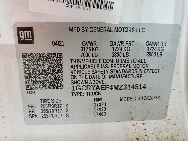2021 Chevrolet Silverado მანქანა იყიდება აუქციონზე, vin: 1GCRYAEF4MZ314514, აუქციონის ნომერი: 52585386