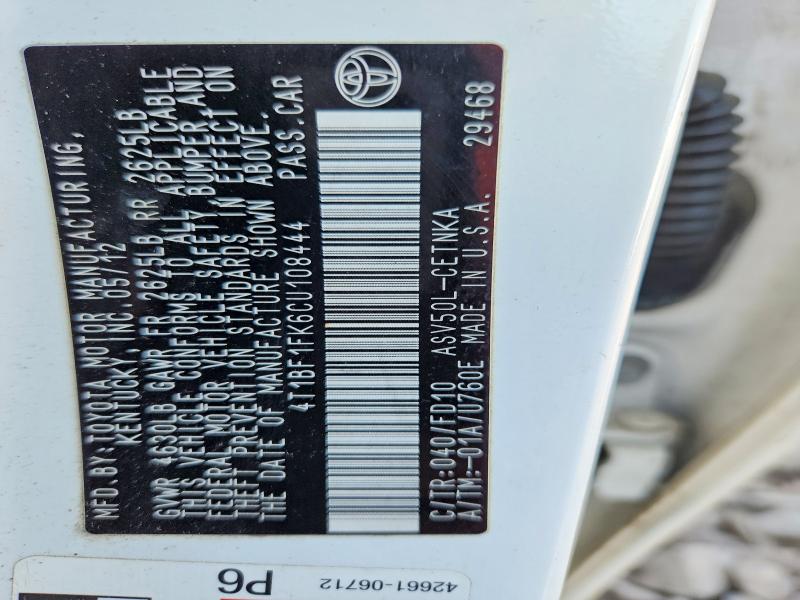 53335606 :رقم المزاد ، 4T1BF1FK6CU108444 vin ، 2012 Toyota Camry مزاد بيع