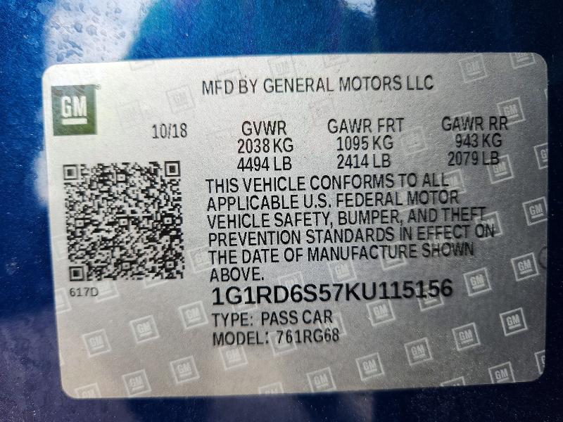 55645256 :رقم المزاد ، 1G1RD6S57KU115156 vin ، 2019 Chevrolet Volt مزاد بيع