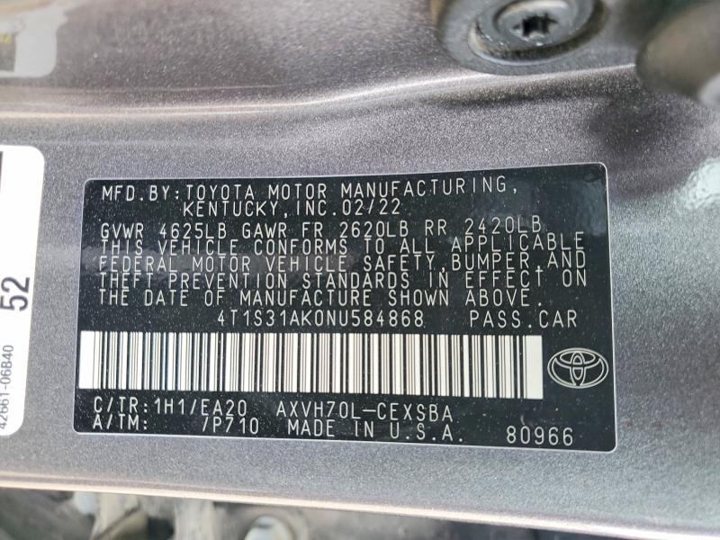 Продажа на аукционе авто 2022 Toyota Camry Hybrid, vin: 4T1S31AK0NU584868, номер лота: 51547236