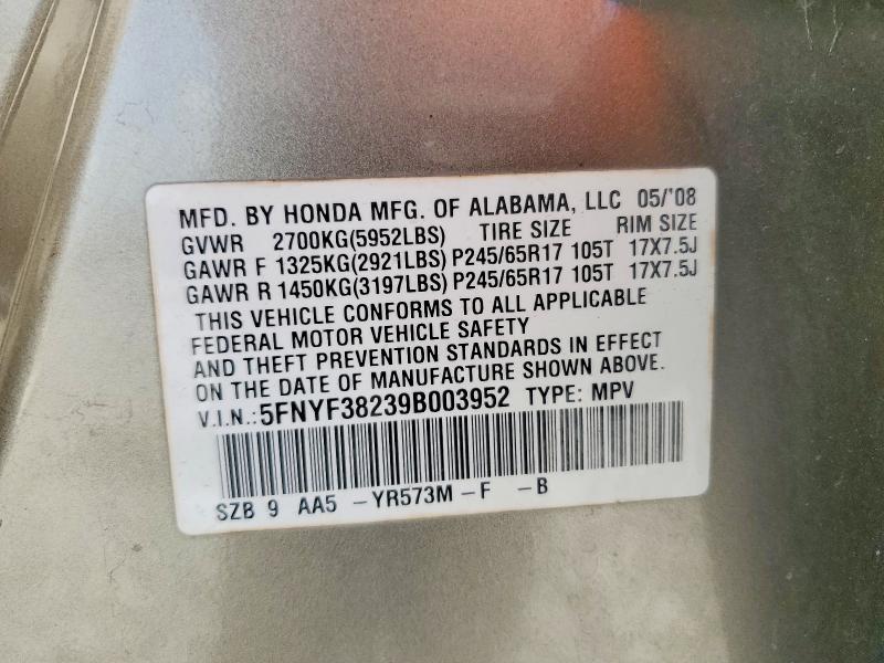 52363386 :رقم المزاد ، 5FNYF38239B003952 vin ، 2009 Honda Pilot مزاد بيع