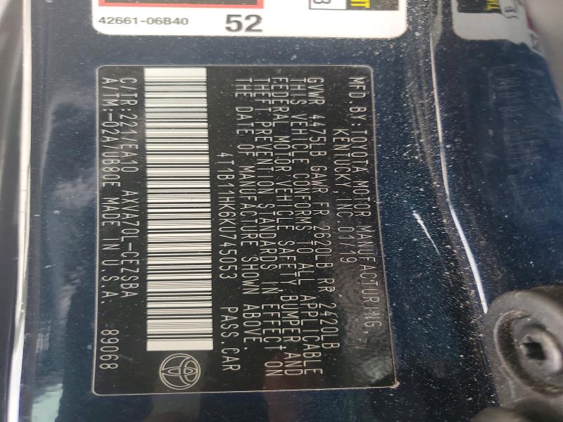 53990066 :رقم المزاد ، 4T1B11HK6KU745053 vin ، 2019 Toyota Camry مزاد بيع