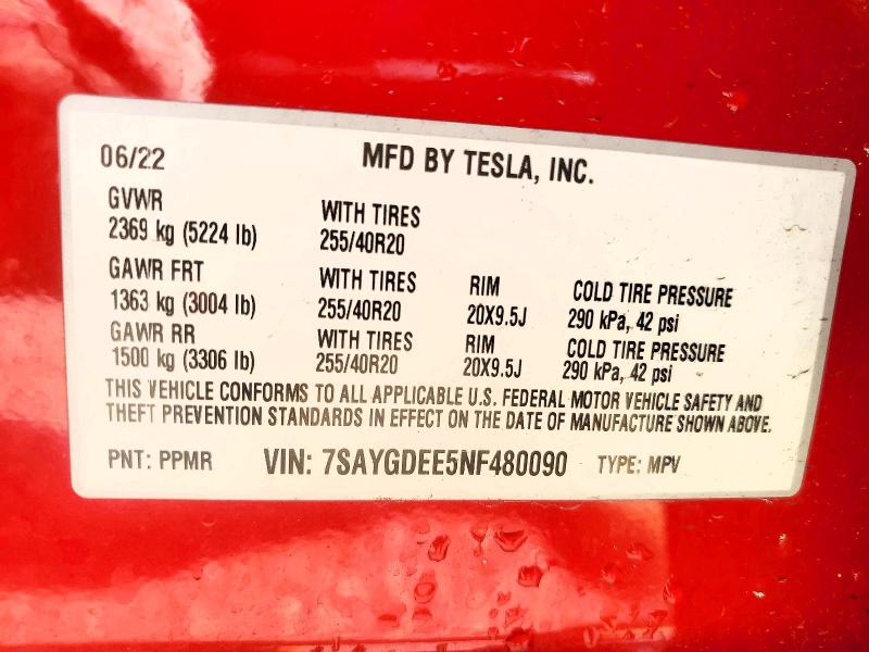 51960066 :رقم المزاد ، 7SAYGDEE5NF480090 vin ، 2022 Tesla Model Y مزاد بيع