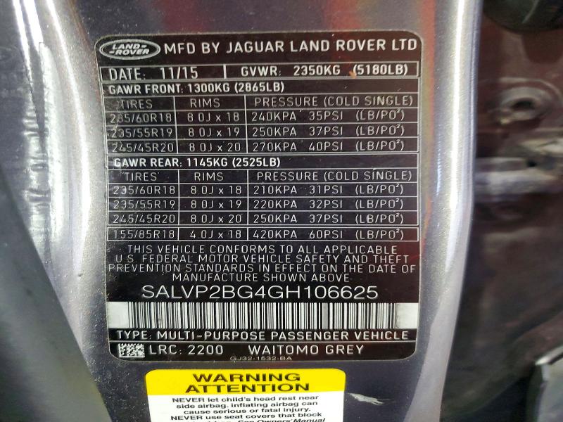 2016 Land Rover Range Rover Evoque მანქანა იყიდება აუქციონზე, vin: SALVP2BG4GH106625, აუქციონის ნომერი: 54847486