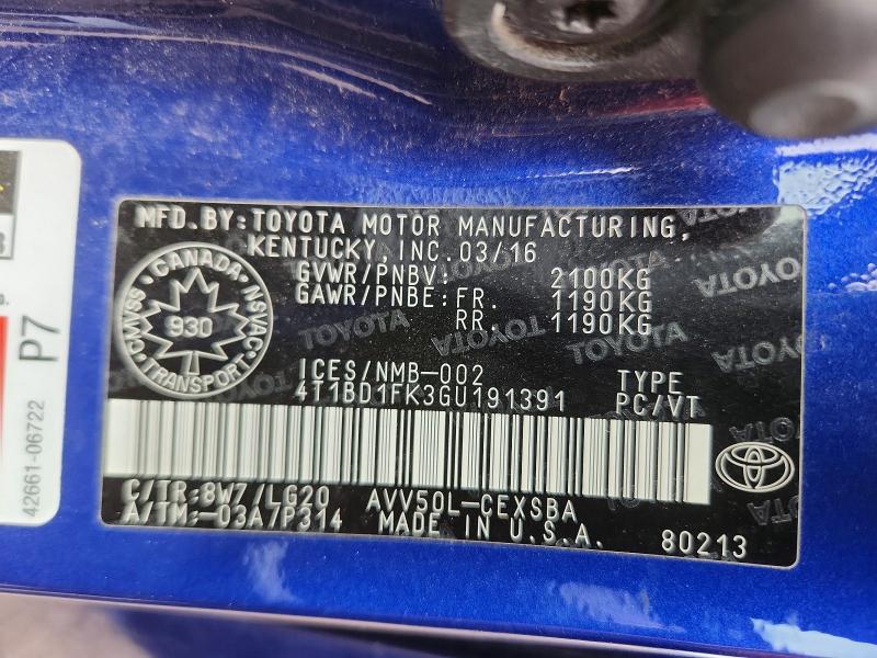 Продаж на аукціоні авто 2016 Toyota Camry Hybrid, vin: 4T1BD1FK3GU191391, номер лоту: 55050946