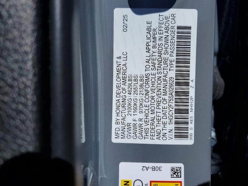 2025 Honda Accord მანქანა იყიდება აუქციონზე, vin: 1HGCY2F75SA026629, აუქციონის ნომერი: 51413506