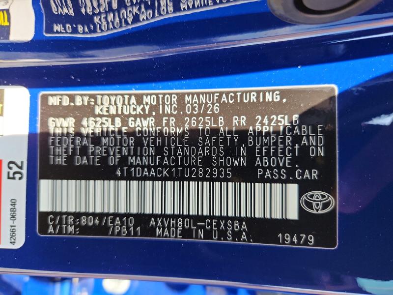 2026 Toyota Camry მანქანა იყიდება აუქციონზე, vin: 4T1DAACK1TU282935, აუქციონის ნომერი: 52804236