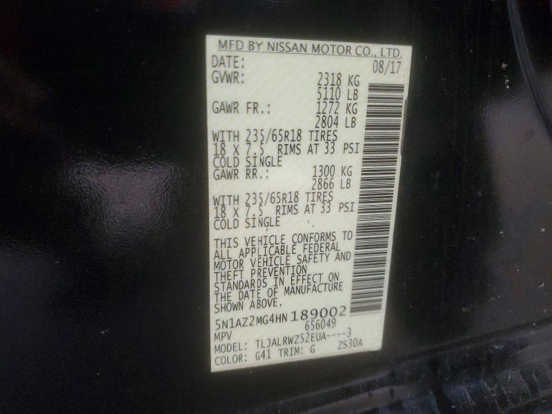 Aukcja sprzedaży 2017 Nissan Murano, vin: 5N1AZ2MG4HN189002, numer aukcji: 54459716