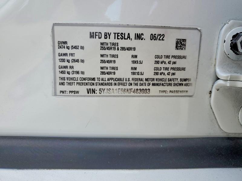 55119746 :رقم المزاد ، 5YJSA1E56NF483003 vin ، 2022 Tesla Model S مزاد بيع