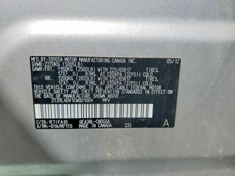2012 Toyota Rav4 Ev მანქანა იყიდება აუქციონზე, vin: 2T3YL4DV1CW001004, აუქციონის ნომერი: 54325436