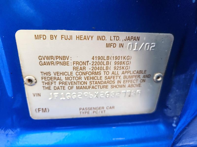 Aukcja sprzedaży 2002 Subaru Impreza, vin: JF1GG296X2G827789, numer aukcji: 53799336