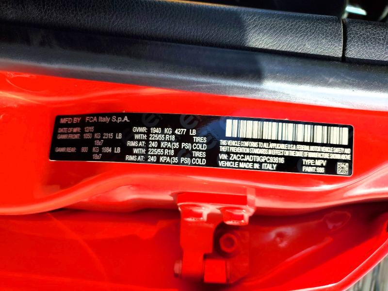 55200616 :رقم المزاد ، ZACCJADT9GPC93616 vin ، 2016 Jeep Renegade مزاد بيع