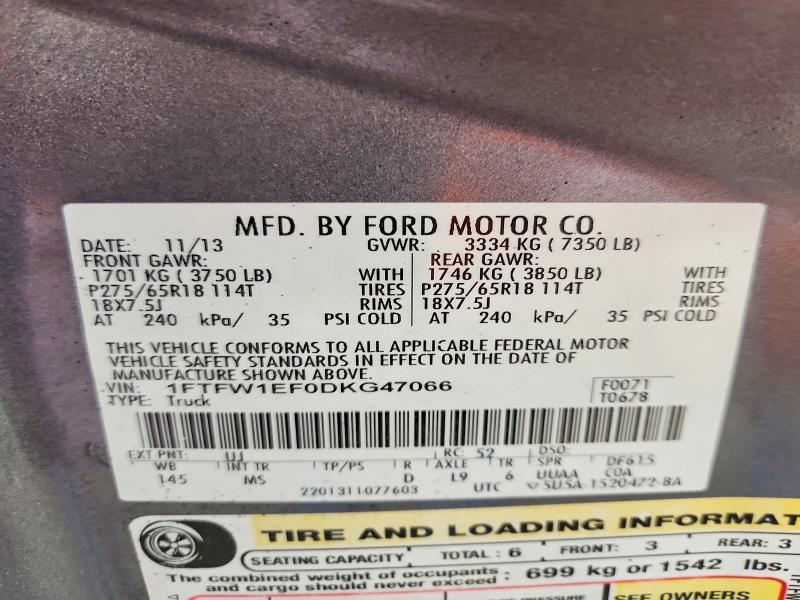 Aukcja sprzedaży 2013 Ford F150, vin: 1FTFW1EF0DKG47066, numer aukcji: 51986396