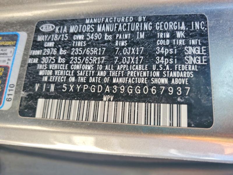 Aukcja sprzedaży 2016 Kia Sorento, vin: 5XYPGDA39GG067937, numer aukcji: 52918596