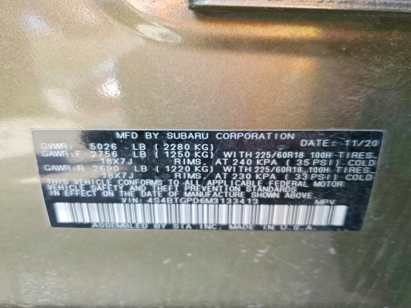 52036956 :رقم المزاد ، 4S4BTGPD6M3133413 vin ، 2021 Subaru Outback مزاد بيع