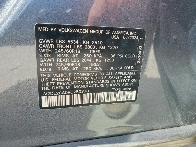 Продажа на аукционе авто 2024 Volkswagen Atlas Cross Sport, vin: 1V2DE2CA0RC250870, номер лота: 52747316