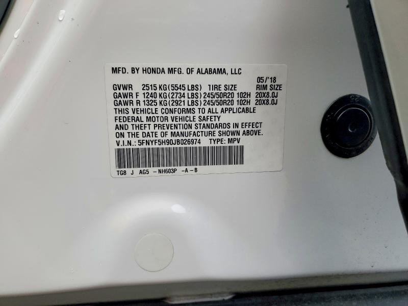 Продажа на аукционе авто 2018 Honda Pilot, vin: 5FNYF5H90JB026974, номер лота: 54992886