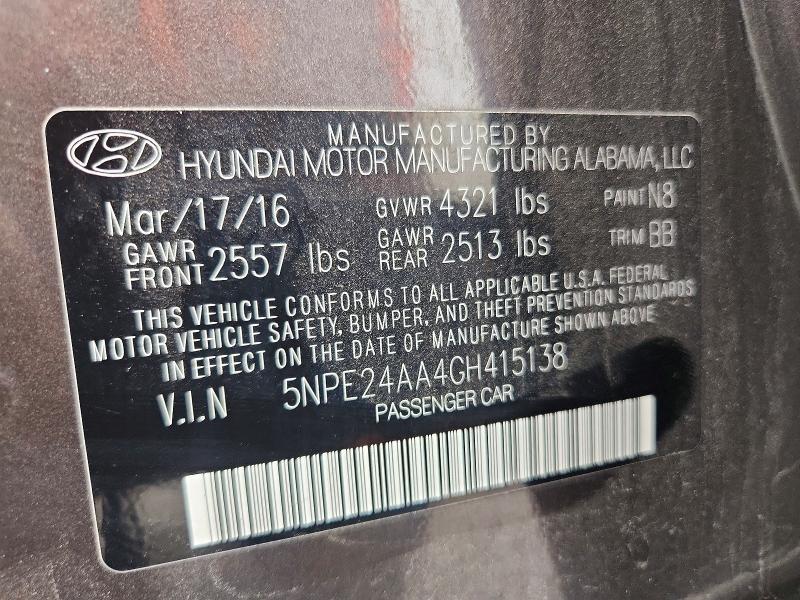 Aukcja sprzedaży 2016 Hyundai Sonata, vin: 5NPE24AA4GH415138, numer aukcji: 53123846