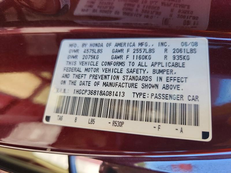 54978676 :رقم المزاد ، 1HGCP36818A081413 vin ، 2008 Honda Accord مزاد بيع