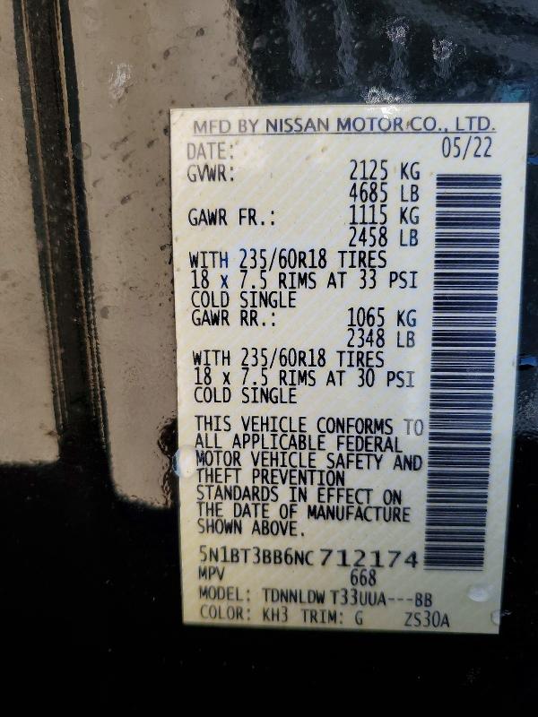 54978316 :رقم المزاد ، 5N1BT3BB6NC712174 vin ، 2022 Nissan Rogue مزاد بيع