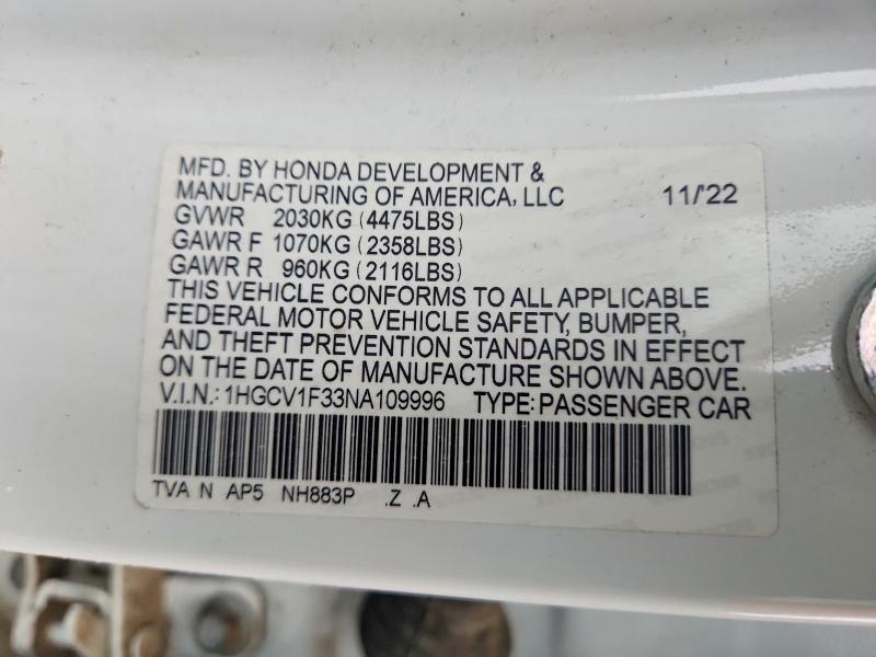 Aukcja sprzedaży 2022 Honda Accord, vin: 1HGCV1F33NA109996, numer aukcji: 54777626
