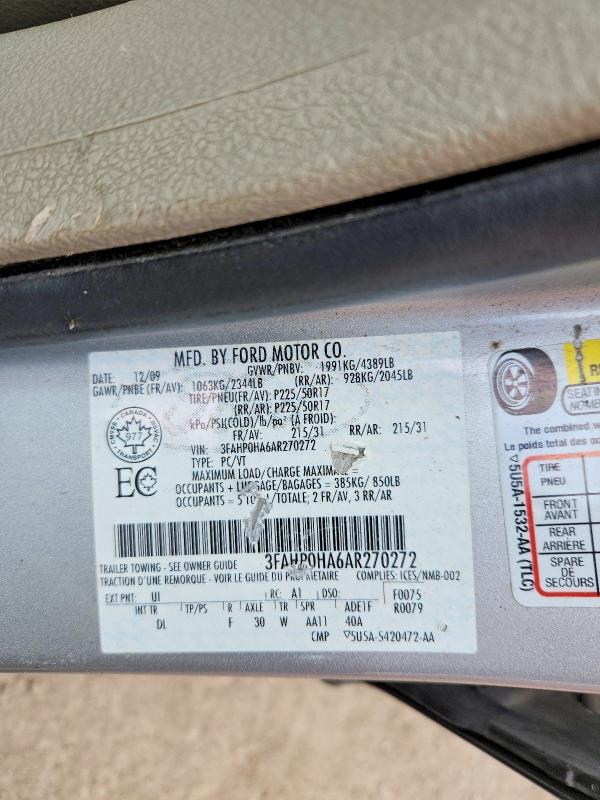 52448536 :رقم المزاد ، 3FAHP0HA6AR270272 vin ، 2010 Ford Fusion مزاد بيع