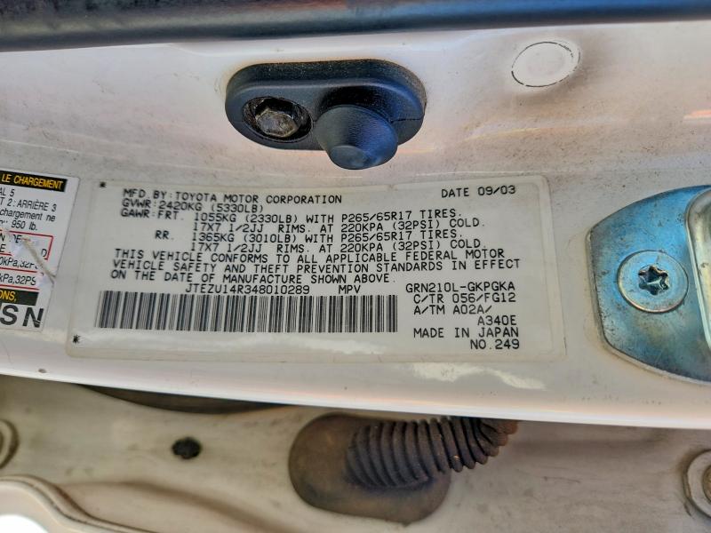 Aukcja sprzedaży 2004 Toyota 4runner, vin: JTEZU14R348010289, numer aukcji: 52928716
