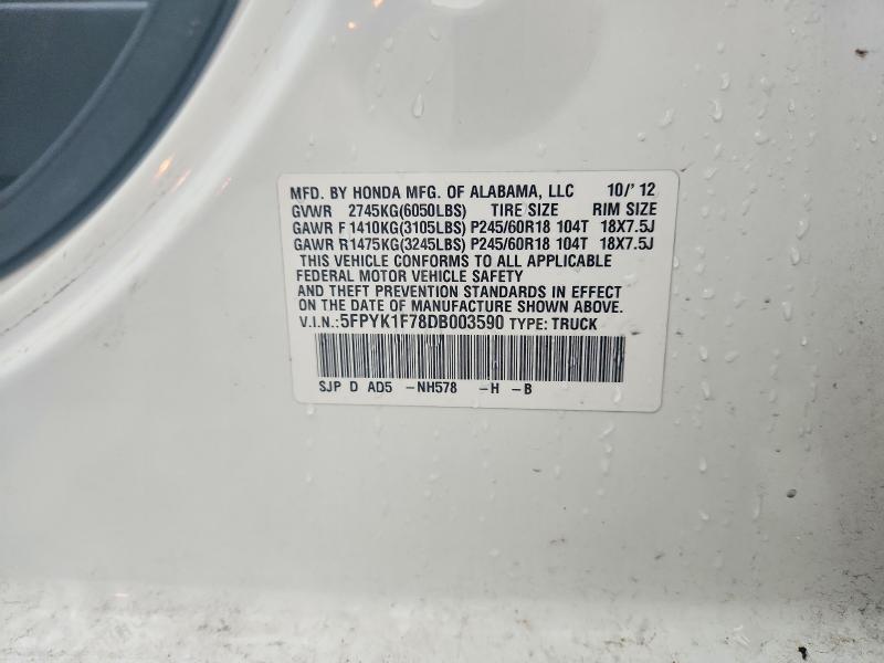 2013 Honda Ridgeline მანქანა იყიდება აუქციონზე, vin: 5FPYK1F78DB003590, აუქციონის ნომერი: 52325646