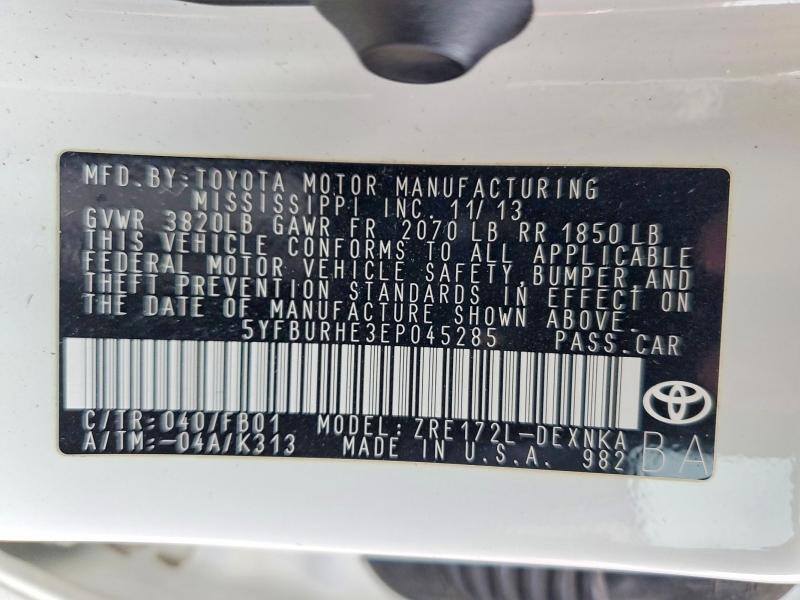 52178746 :رقم المزاد ، 5YFBURHE3EP045285 vin ، 2014 Toyota Corolla مزاد بيع