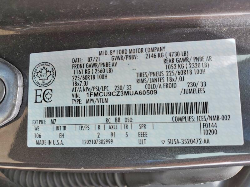 Aukcja sprzedaży 2021 Ford Escape, vin: 1FMCU9CZ3MUA60509, numer aukcji: 54205016