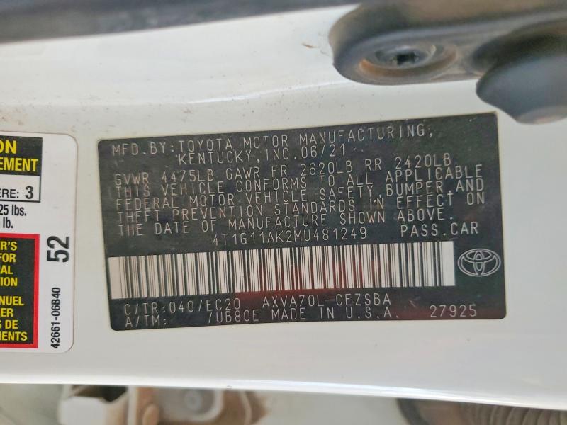 Aukcja sprzedaży 2021 Toyota Camry, vin: 4T1G11AK2MU481249, numer aukcji: 52221576
