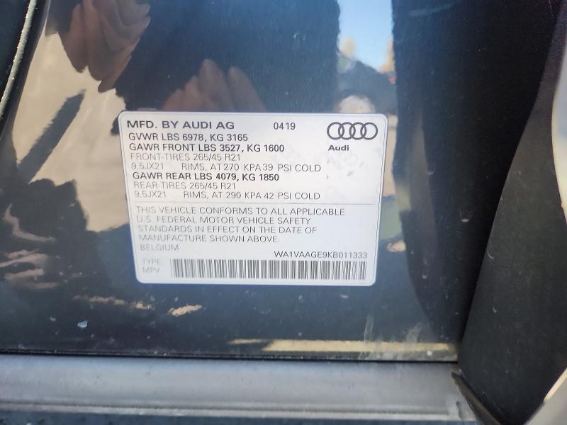 2019 Audi E-tron მანქანა იყიდება აუქციონზე, vin: WA1VAAGE9KB011333, აუქციონის ნომერი: 53577266