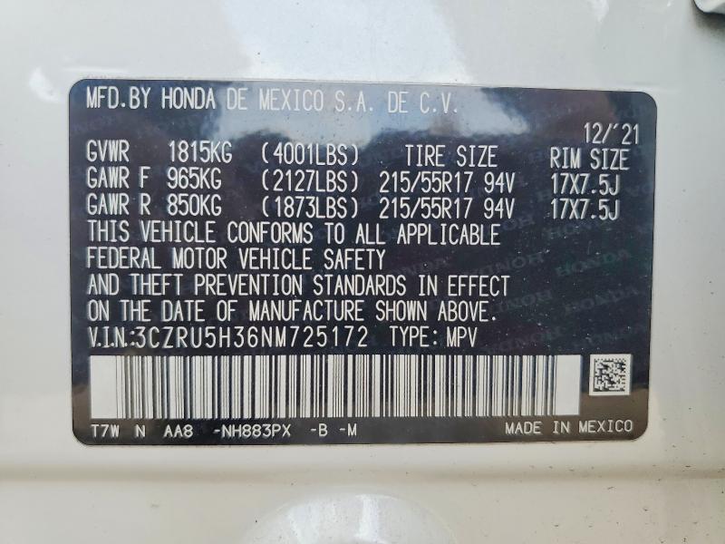 54665426 :رقم المزاد ، 3CZRU5H36NM725172 vin ، 2022 Honda Hr-v مزاد بيع