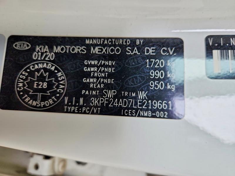 53726866 :رقم المزاد ، 3KPF24AD7LE219661 vin ، 2020 Kia Forte مزاد بيع
