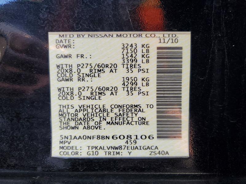 2011 Nissan Armada მანქანა იყიდება აუქციონზე, vin: 5N1AA0NF8BN608106, აუქციონის ნომერი: 55005476