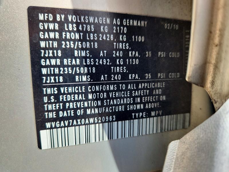 Продаж на аукціоні авто 2010 Volkswagen Tiguan, vin: WVGAV7AX0AW520963, номер лоту: 53833136