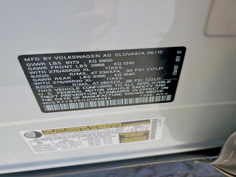 53168596 :رقم المزاد ، WVGRF7BP5HD006885 vin ، 2017 Volkswagen Touareg مزاد بيع