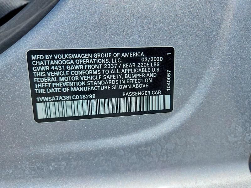 2020 Volkswagen Passat მანქანა იყიდება აუქციონზე, vin: 1VWSA7A38LC018298, აუქციონის ნომერი: 53823166