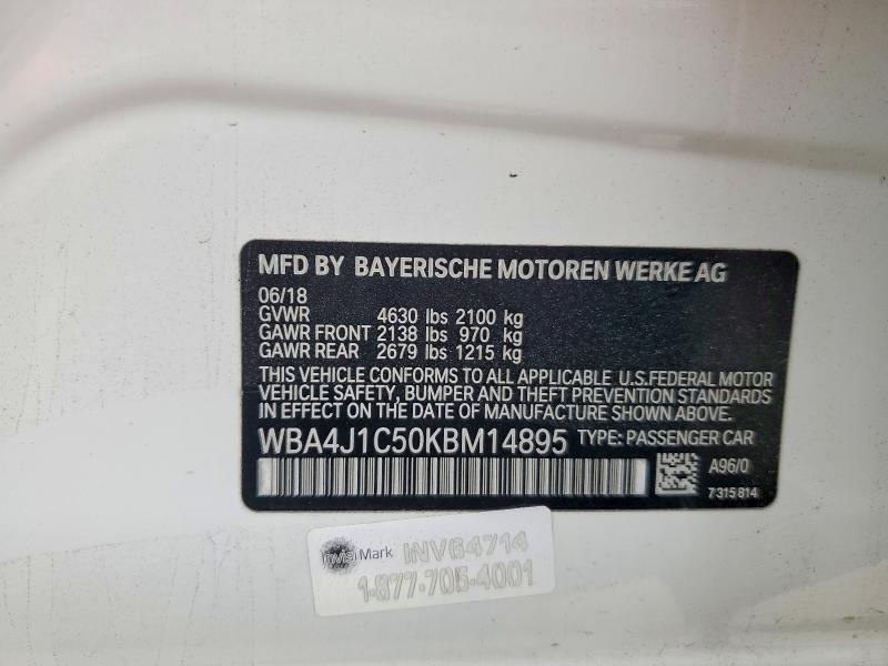 2019 Bmw 430i მანქანა იყიდება აუქციონზე, vin: WBA4J1C50KBM14895, აუქციონის ნომერი: 51870466