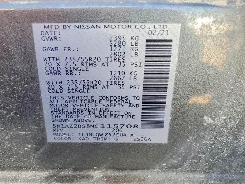 Aukcja sprzedaży 2021 Nissan Murano, vin: 5N1AZ2BS8MC115708, numer aukcji: 52615696