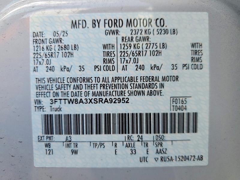 Aukcja sprzedaży 2025 Ford Maverick, vin: 3FTTW8A3XSRA92952, numer aukcji: 50547726