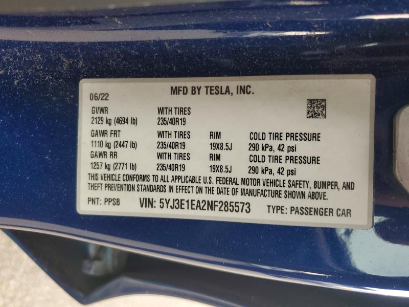 Продаж на аукціоні авто 2022 Tesla Model 3, vin: 5YJ3E1EA2NF285573, номер лоту: 55635846