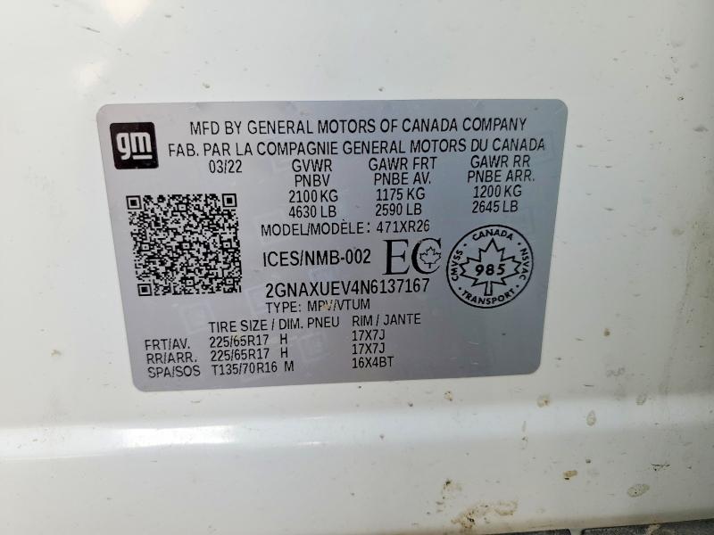 Продажа на аукционе авто 2022 Chevrolet Equinox, vin: 2GNAXUEV4N6137167, номер лота: 52898766