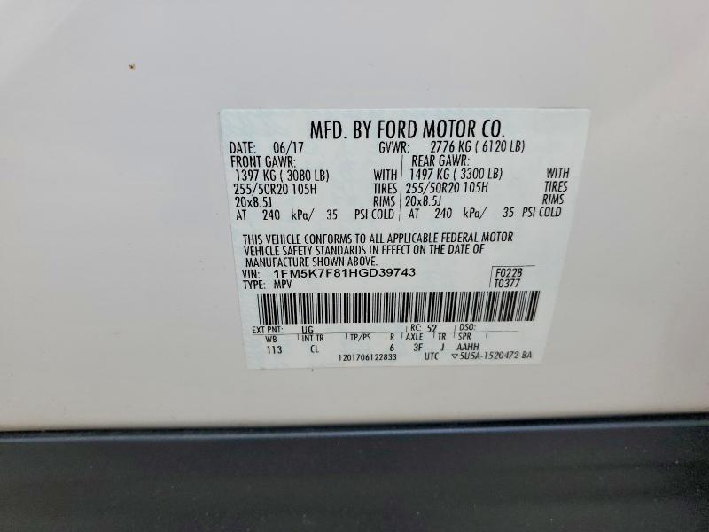 Aukcja sprzedaży 2017 Ford Explorer, vin: 1FM5K7F81HGD39743, numer aukcji: 52701806