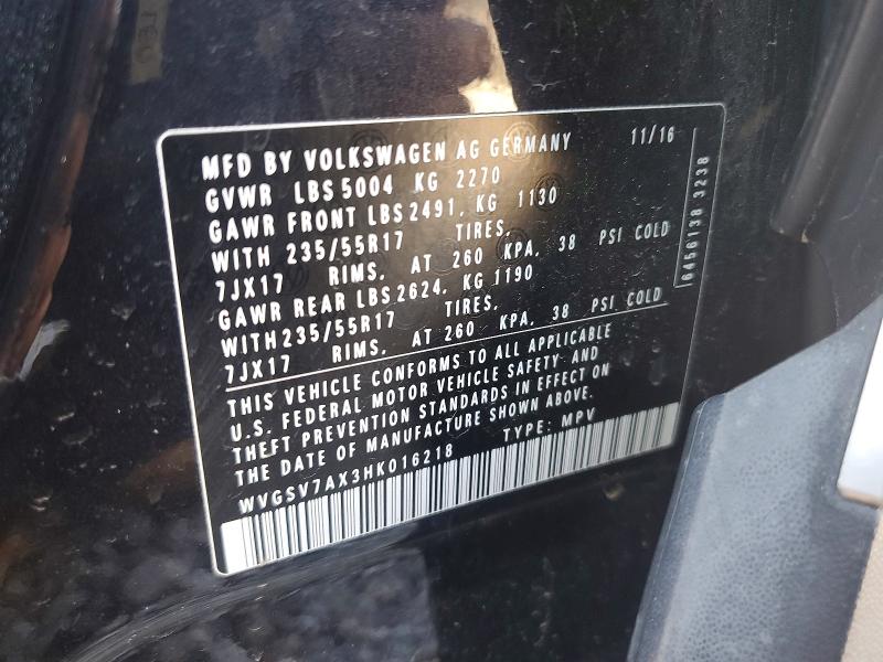 51870446 :رقم المزاد ، WVGSV7AX3HK016218 vin ، 2017 Volkswagen Tiguan مزاد بيع